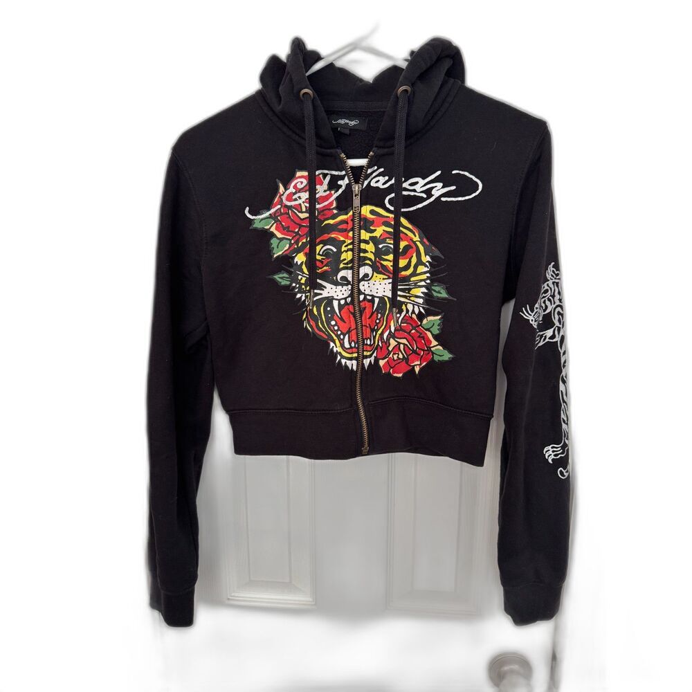 Ed Hardy Y2K Cropped Black Tiger Rose Hoodie Sweatshirt Size Large Women's